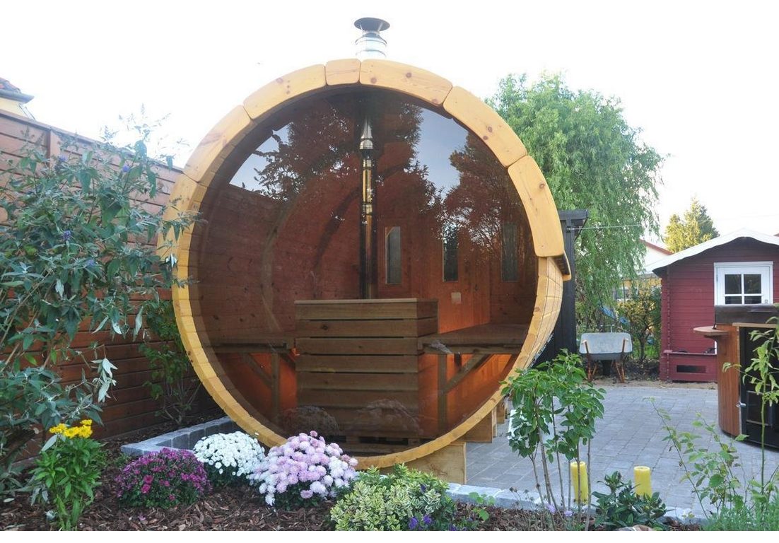 JVmoebel Saunahaus Fasssauna für 6-8 Personen aus hochwertigem Holz
