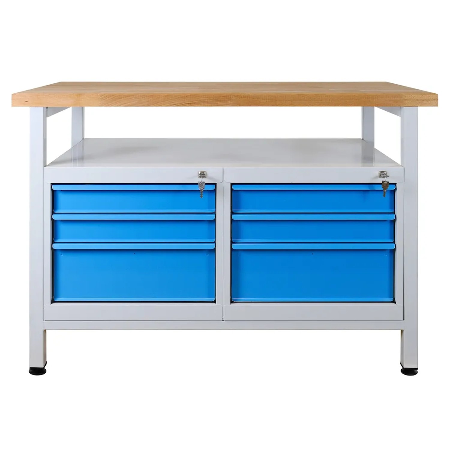 PROREGAL Werkbank Rhino mit Ablagefläche 6 Schubladen HxBxT 84 x 120 x 60 cm Traglast 300 kg Lichtgrau Lichtblau