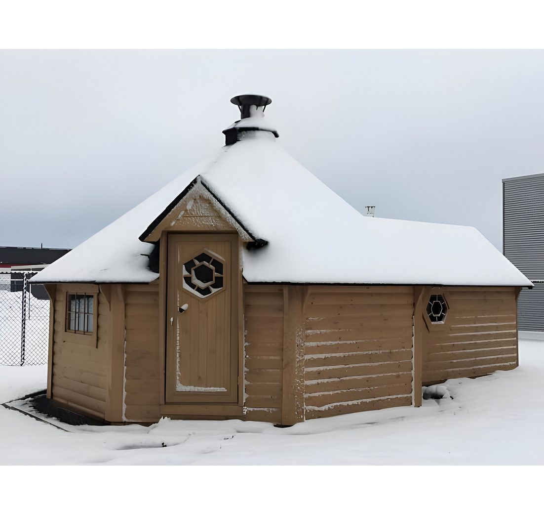 JVmoebel Saunahaus Grillkota Holzhaus mit integriertem Grillplatz und großen Fenstern