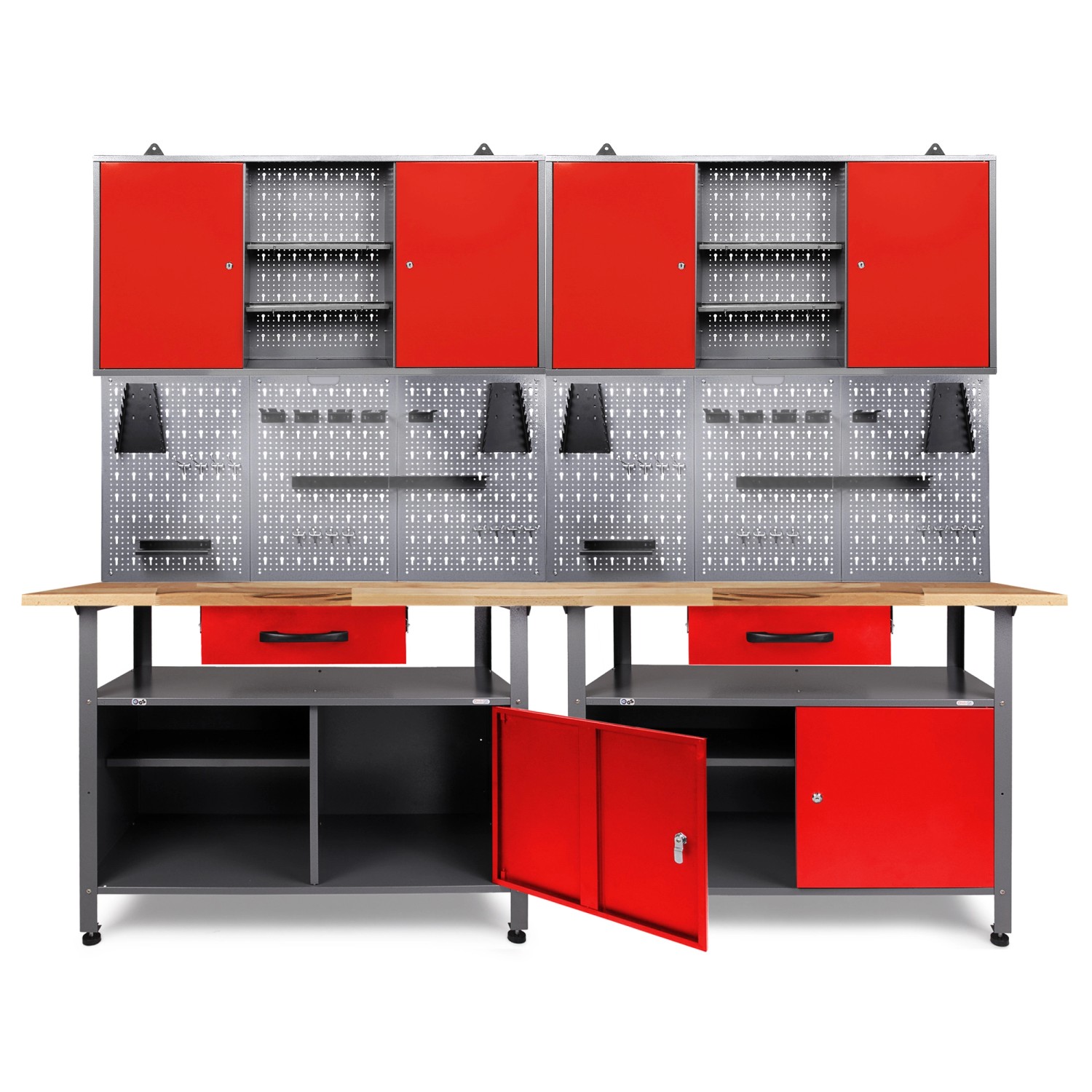 Ondis24 Werkbank Set Klaus 240 cm 2 Schränke LED Rot Werkstatt