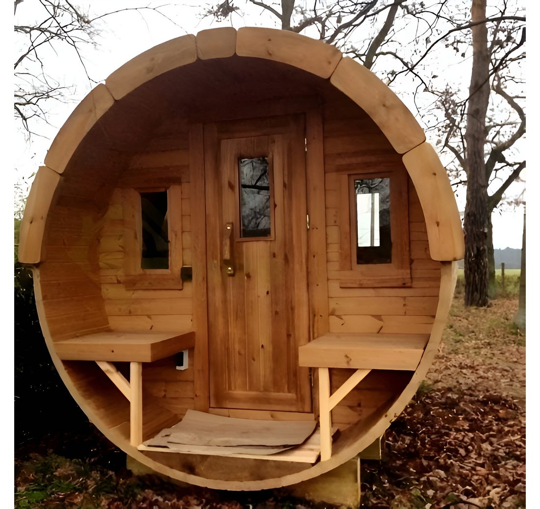 JVmoebel Fasssauna Naturfasssauna aus Holz mit Edelstahl-Elementen in Braun