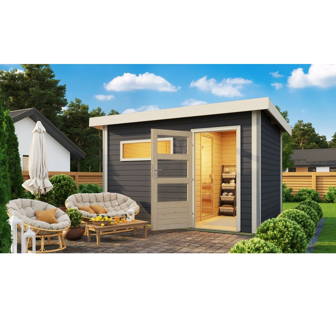 Karibu Saunahaus Saunahaus Helmi terragrau 9kW Bio Kombiofen inkl.externe Steuerung