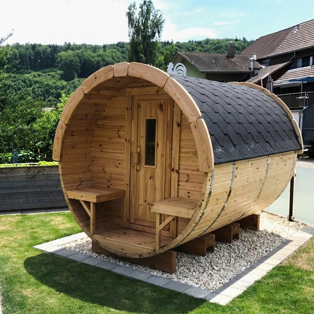 JVmoebel Fasssauna Holzfassauna Naturfasssauna Outdoor-Sauna Gartensauna Edelstahl Braun