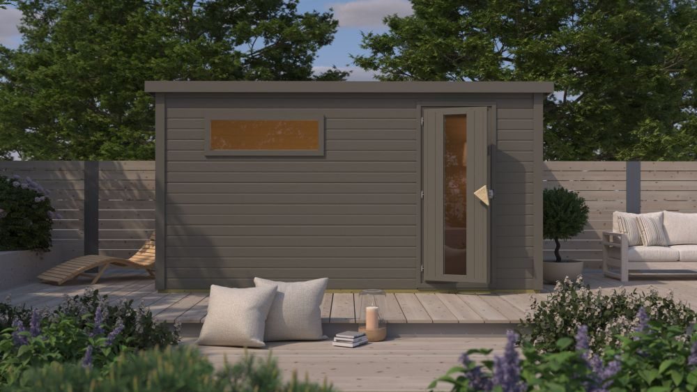 Karibu Saunahaus 38mm Saunahaus Melo 6 terragrau inkl. Ofen 9 kW integr. Strg