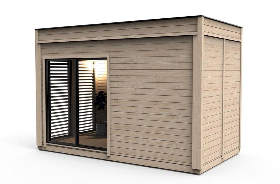 JVmoebel Saunahaus Moderne Außensauna aus hochwertigem Naturholz in Braun