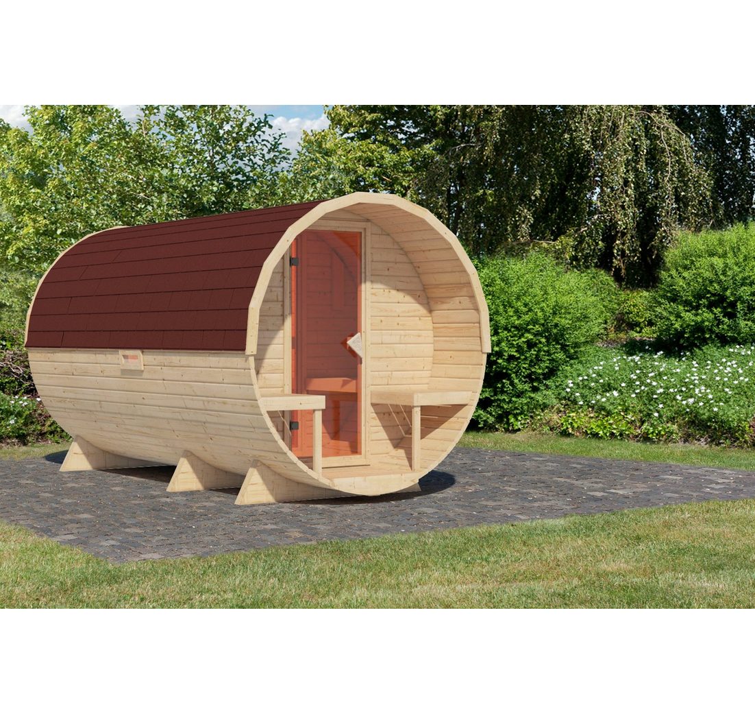 Karibu Fasssauna naturbelassen mit Schindeln