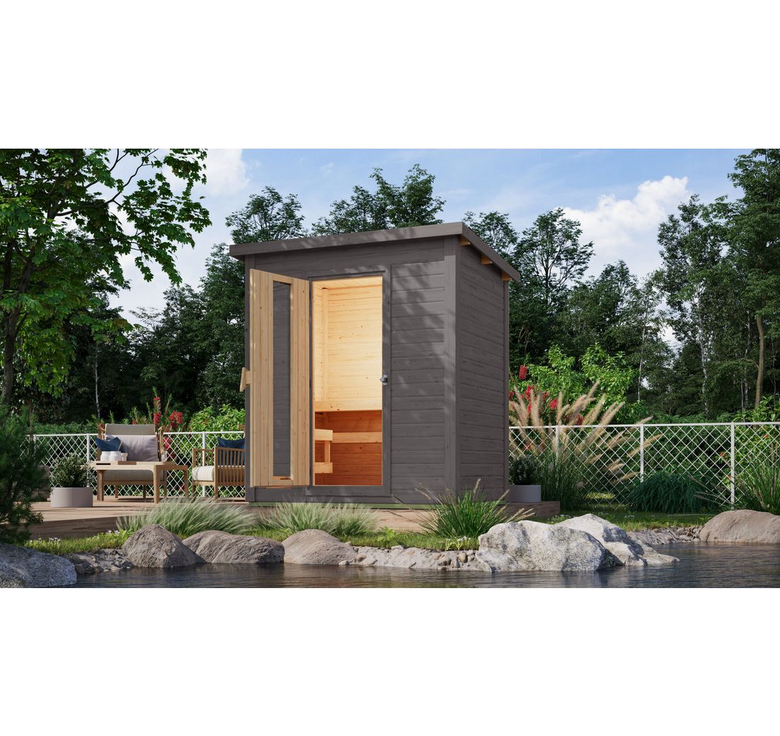 Karibu Saunahaus Saunahaus 38mm Melo 1 Ofen 9 kW integr. Strg terragrau