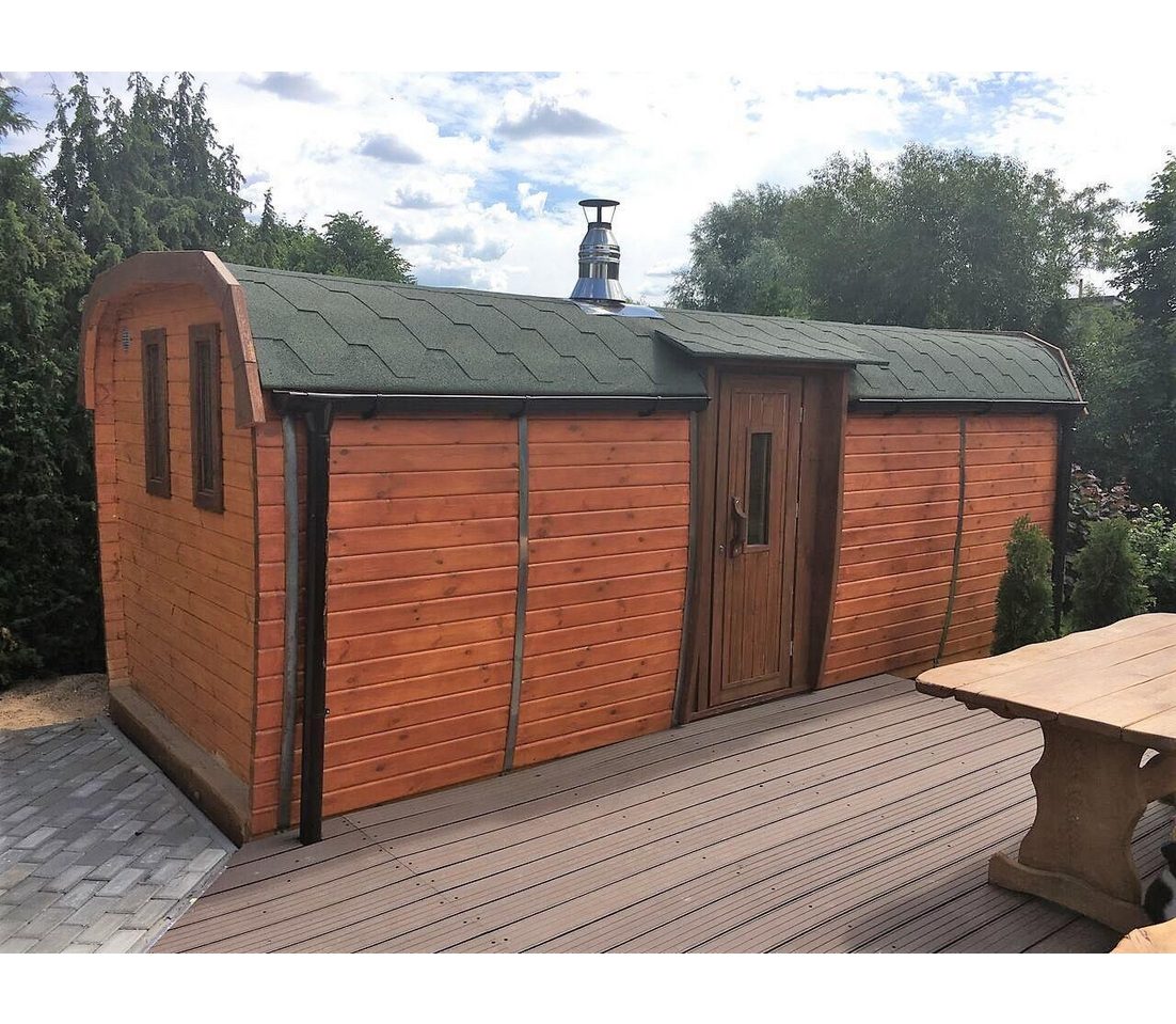 JVmoebel Saunahaus Holzsauna im Fassdesign für den Außenbereich