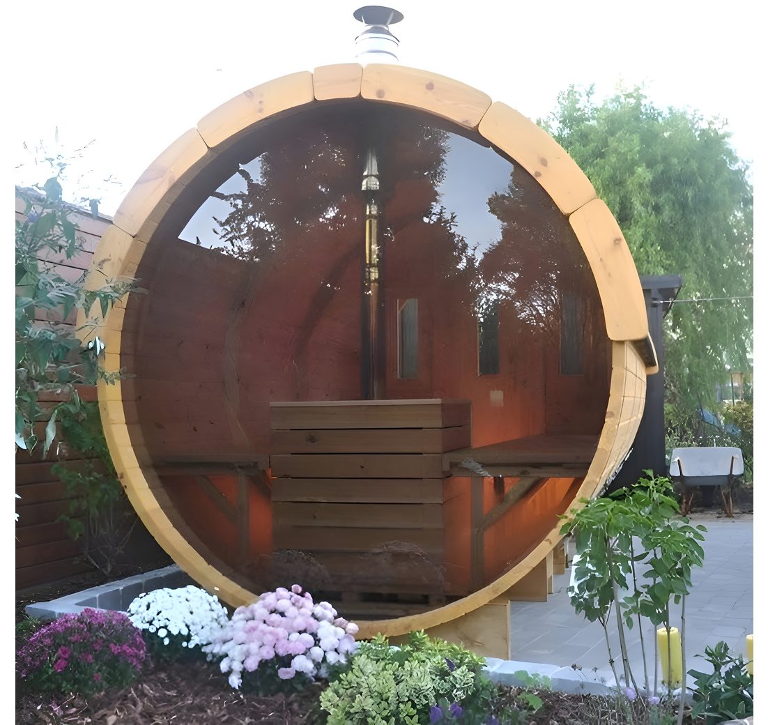 JVmoebel Fasssauna Fasssauna aus Holz mit Edelstahl-Elementen in Braun