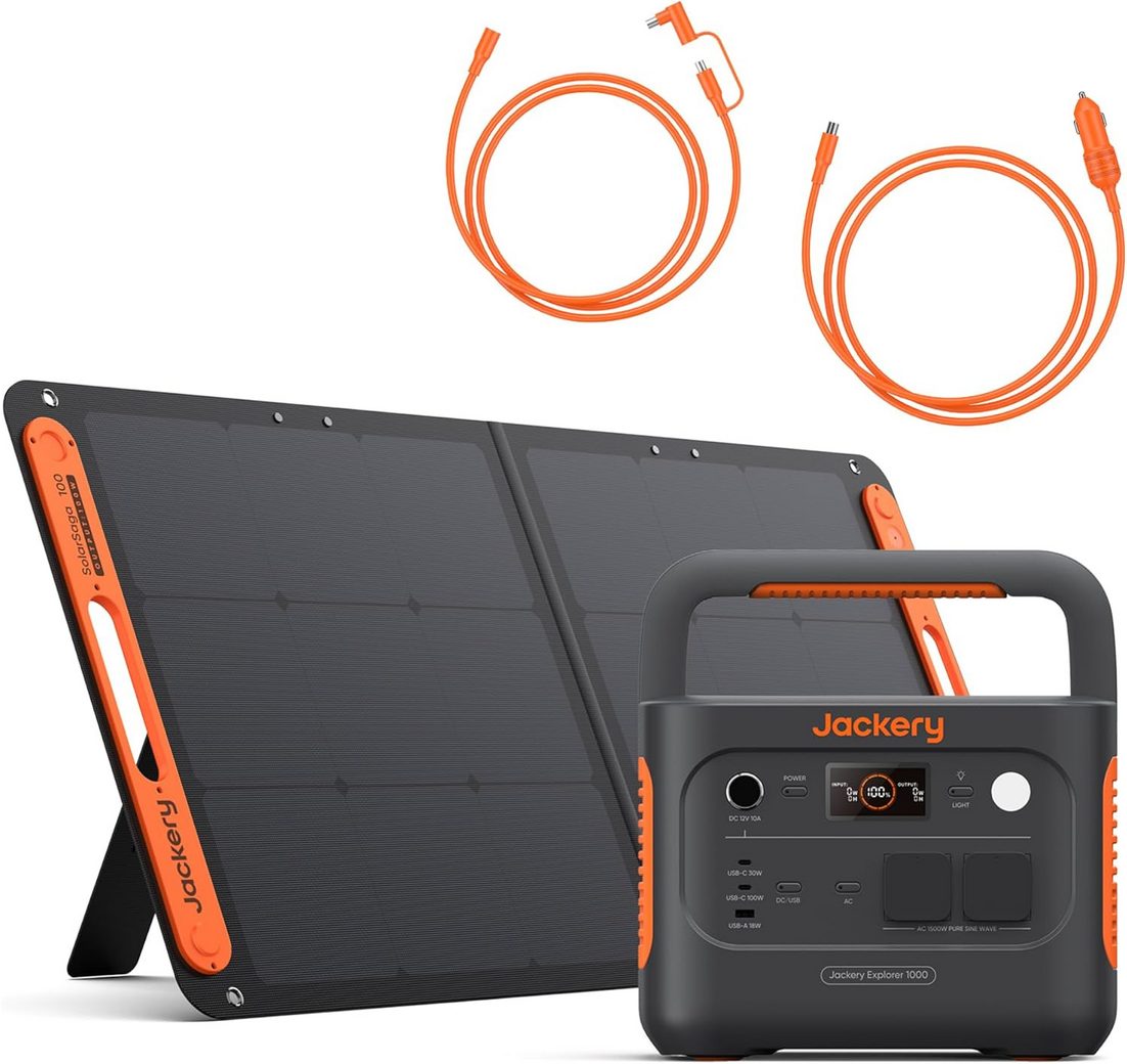 Jackery 1000 v2 Powerstation mit 100W Solarpanel & 5 m Verlängerungskabel & DC8020 Kfz-Ladekabel 30400 mAh (12