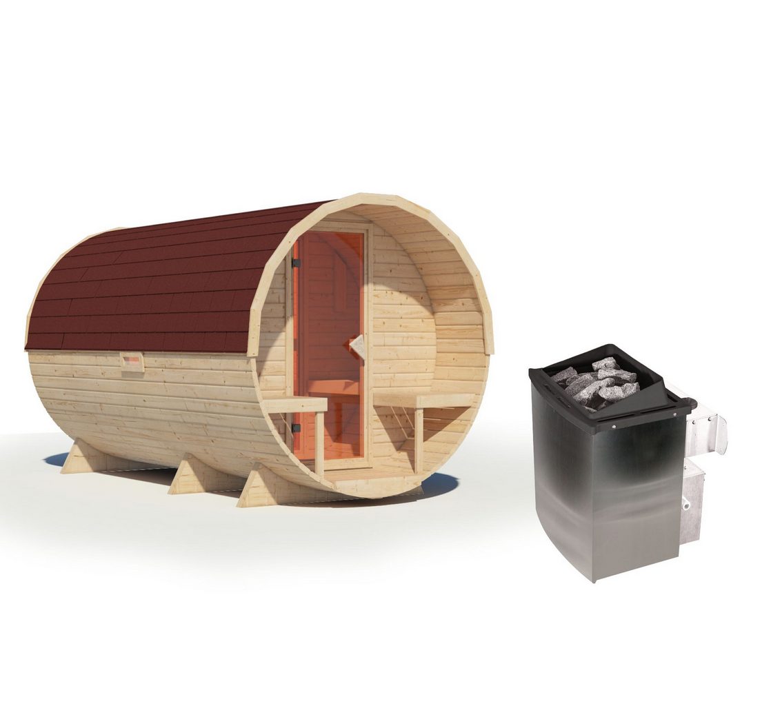 Karibu Saunahaus Fasssauna 38mm Saunaofen eingebaute Steuerung 9 kW inkl.Dachschindeln