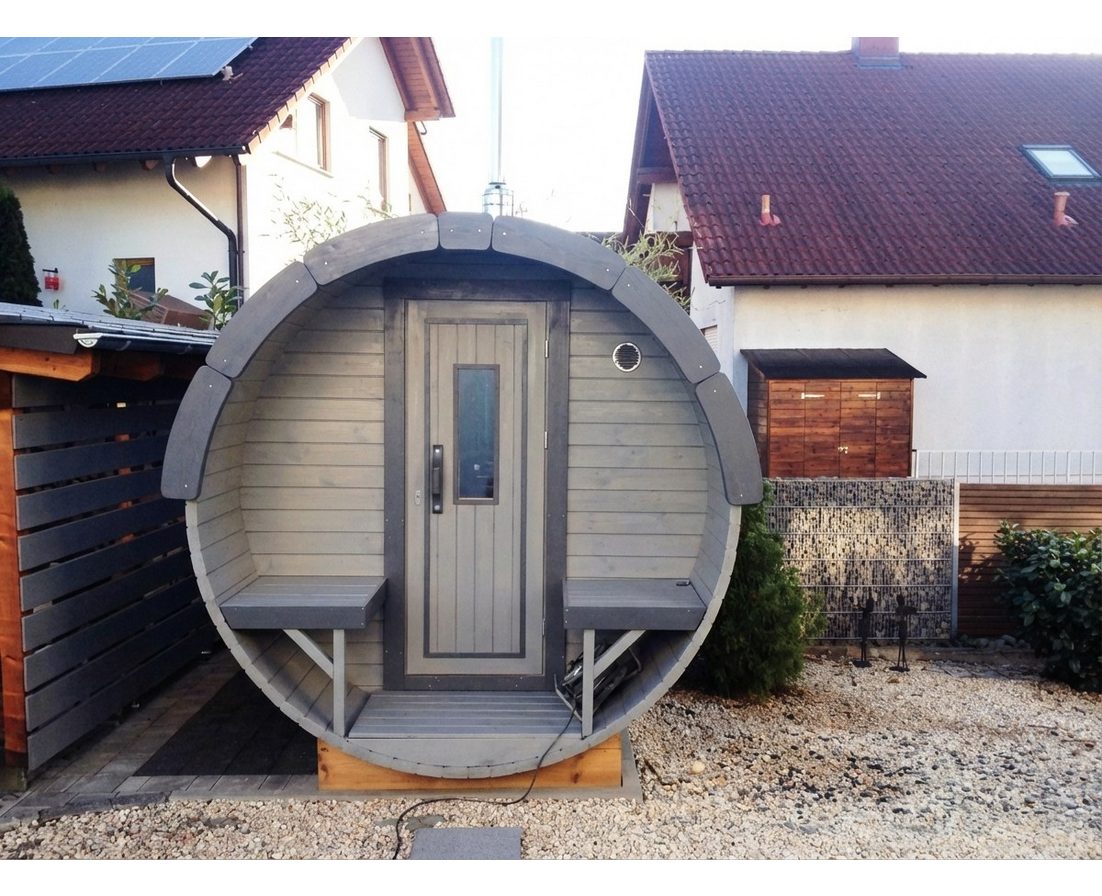 JVmoebel Saunahaus Saunafass aus Holz – Gartensauna Tonnensauna in Braun