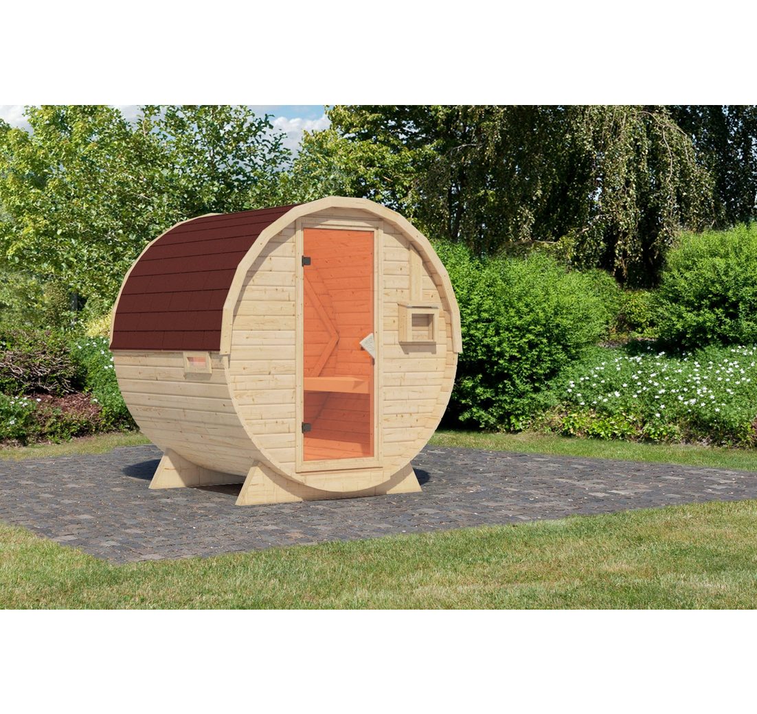 Karibu Fasssauna naturbelassen mit Schindeln rot