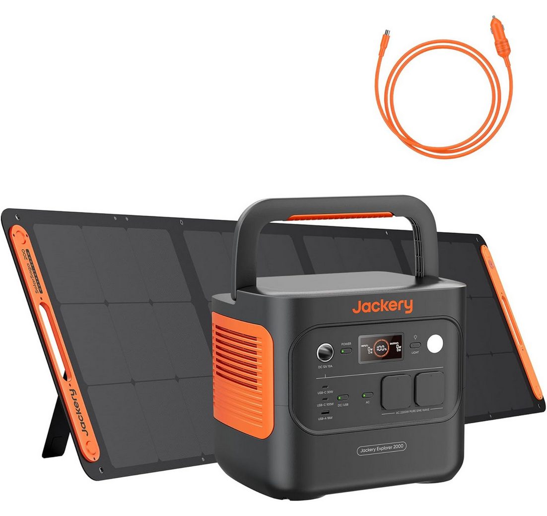 Jackery Stromerzeuger E2000 v2 Tragbare Powerstation mit 200W Solarpanel mit Kfz-Ladekabel
