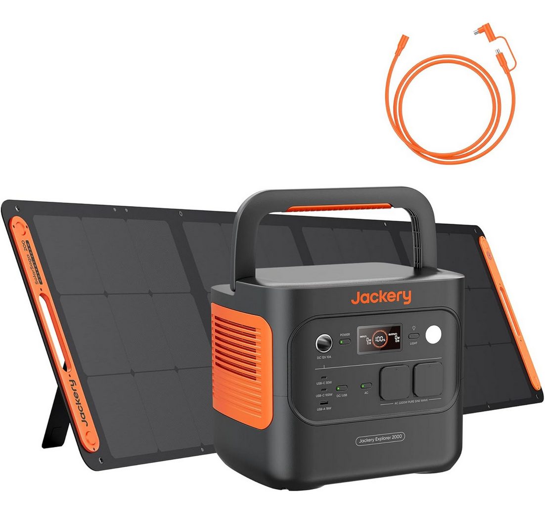 Jackery Stromerzeuger E2000 v2 Tragbare Powerstation mit 200W Solarpanel mit 5M Kabel