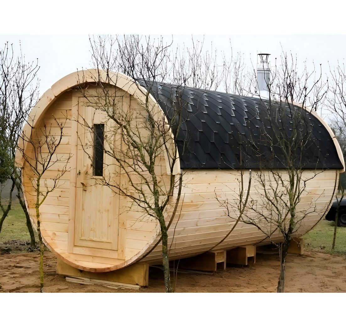 JVmoebel Fasssauna Barrelsauna aus Holz in Braun mit Edelstahl-Elementen