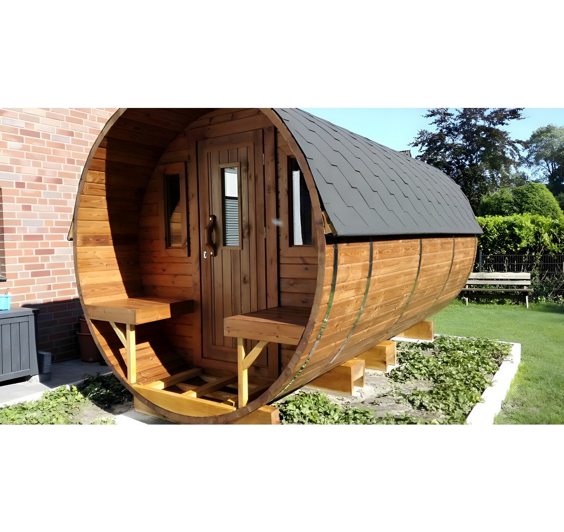 JVmoebel Saunahaus Holzfassauna Tonnensauna aus hochwertigem Holz in Braun