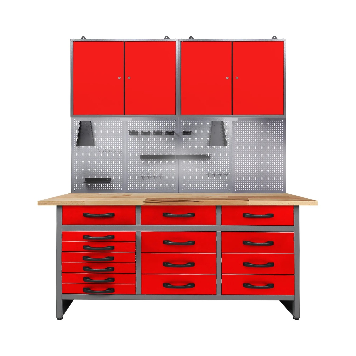 Ondis24 Werkstatt Set Konny 160 cm 2 Schränke LED Rot Werkstatteinrichtung Werkbank