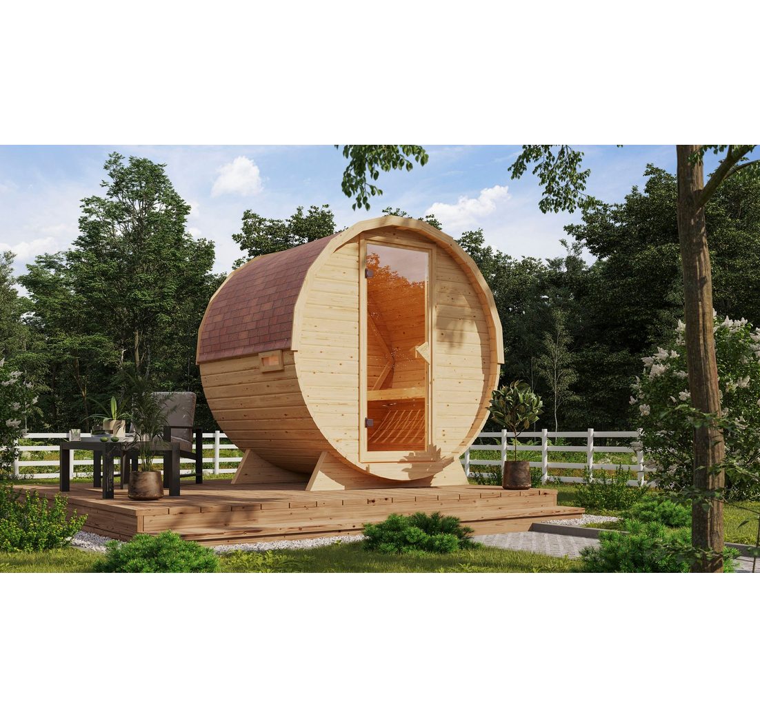 Karibu Fasssauna naturbelassen mit Ofen 9 kW integr. Strg.