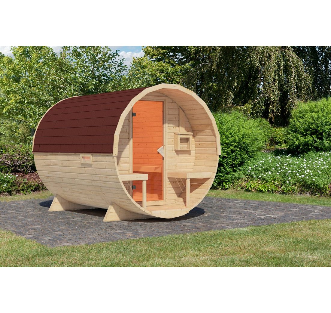 Karibu Fasssauna naturbelassen mit Schindeln rot