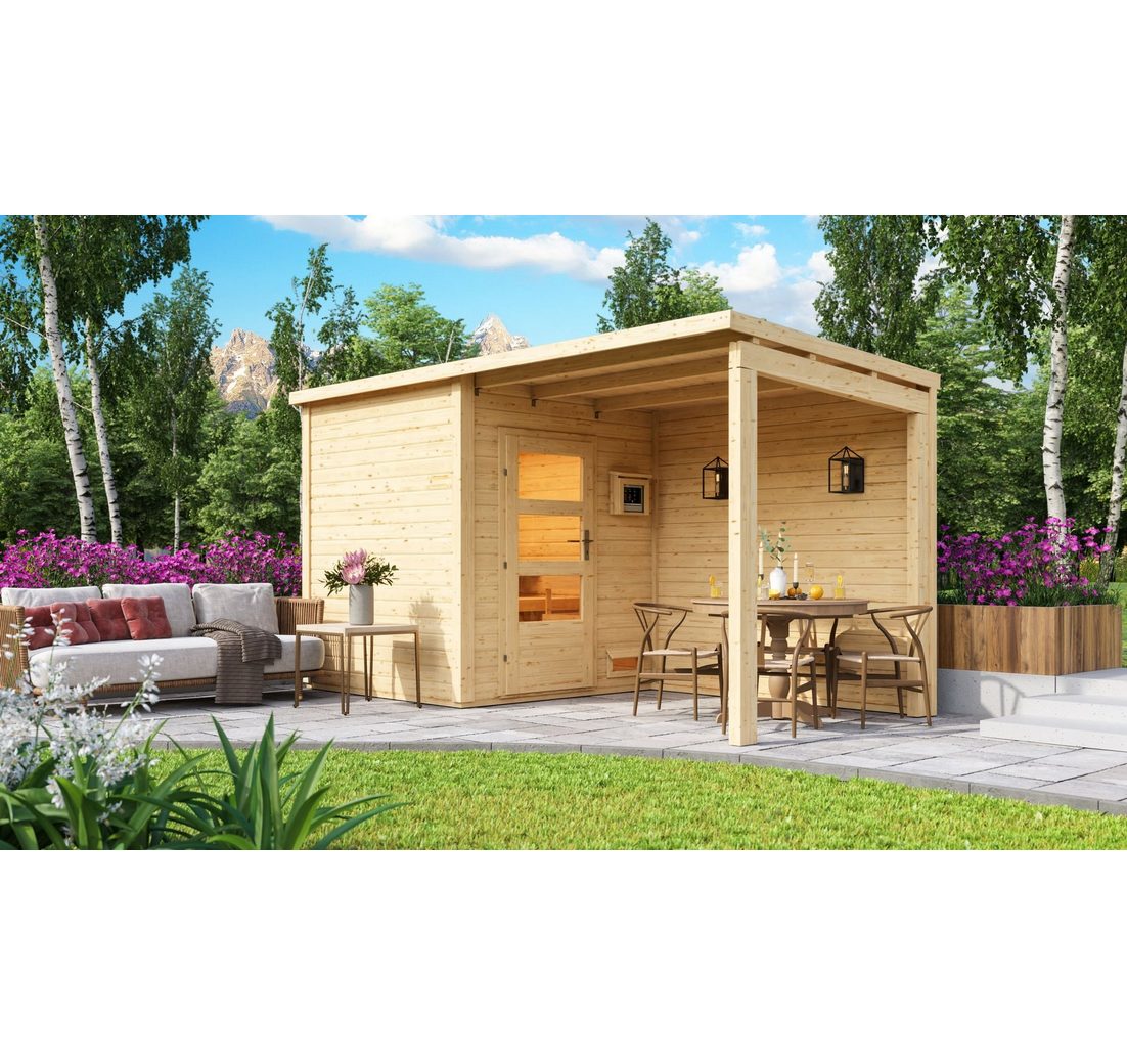 Karibu Saunahaus Karibu Außensauna Sofia mit Anbaudach und Rückwand