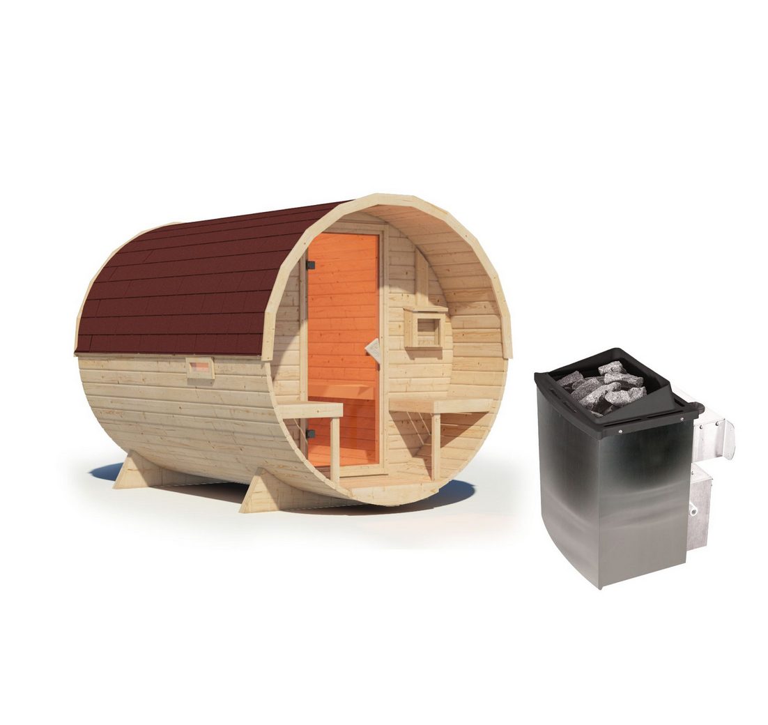Karibu Saunahaus Fasssauna 38mm Saunaofen 9kW eingebaute Steuerung inkl. Dachschindeln
