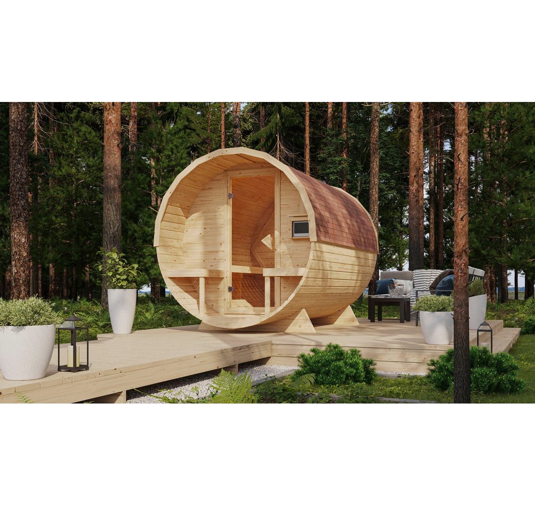 Karibu Fasssauna naturbelassen mit Ofen 9 kW ext. Strg.